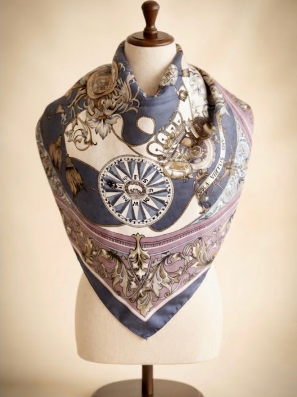 Vintage Baroque Print Silk Square Scarf with Compass & Pocket Watch Motif